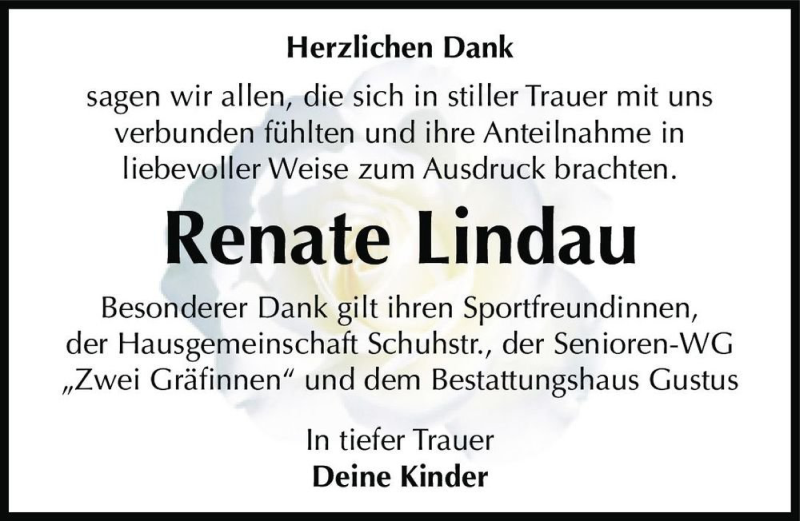  Traueranzeige für Renate Lindau  vom 20.06.2020 aus Magdeburger Volksstimme