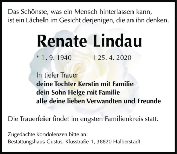 Traueranzeige von Renate Lindau  von Magdeburger Volksstimme
