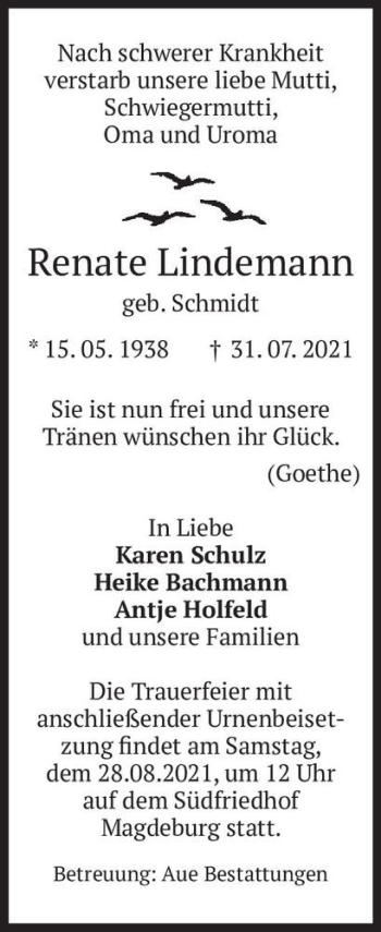 Traueranzeige von Renate Lindemann (geb. Schmidt)  von Magdeburger Volksstimme