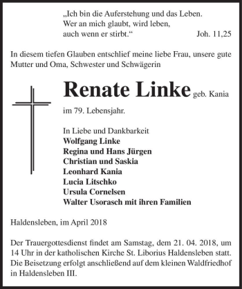 Traueranzeige von Renate Linke (geb. Kania)  von Magdeburger Volksstimme