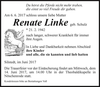 Traueranzeige von Renate Linke (geb. Schulz)  von Magdeburger Volksstimme