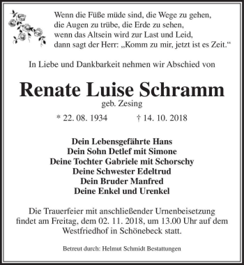Traueranzeige von Renate Luise Schramm (geb. Zesing)  von Magdeburger Volksstimme