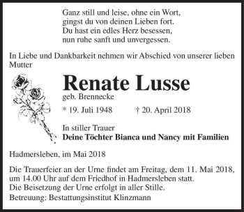 Traueranzeige von Renate Lusse (geb. Brennecke)  von Magdeburger Volksstimme