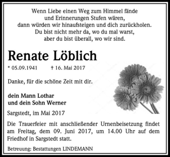 Traueranzeige von Renate Löblich  von Magdeburger Volksstimme