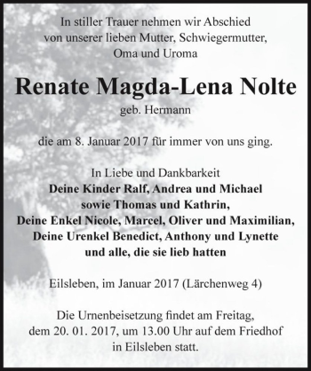 Traueranzeige von Renate Magda-Lena Nolte (geb. Hermann)  von Magdeburger Volksstimme