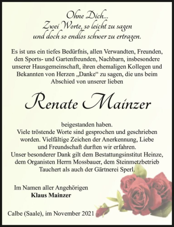 Traueranzeige von Renate Mainzer  von Magdeburger Volksstimme