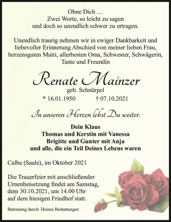 Traueranzeige von Renate Mainzer (geb. Schnürpel)  von Magdeburger Volksstimme