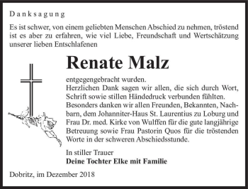 Traueranzeige von Renate Malz  von Magdeburger Volksstimme