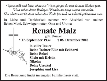 Traueranzeige von Renate Malz (geb. Dumke)  von Magdeburger Volksstimme