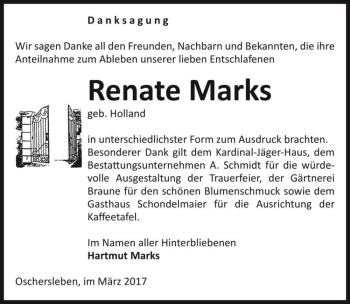 Traueranzeige von Renate Marks (geb. Holland)  von Magdeburger Volksstimme