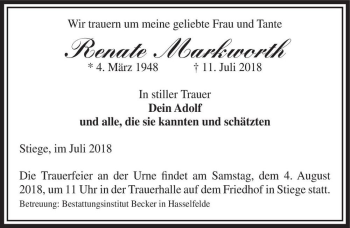 Traueranzeige von Renate Markworth  von Magdeburger Volksstimme
