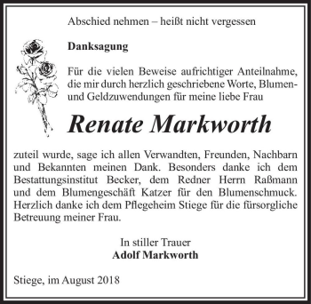 Traueranzeige von Renate Markworth  von Magdeburger Volksstimme