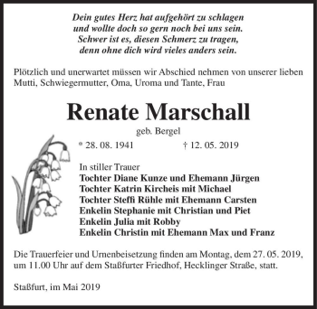 Traueranzeige von Renate Marschall (geb. Bergel)  von Magdeburger Volksstimme