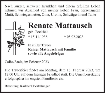 Traueranzeige von Renate Mattausch (geb. Breitfeld)  von Magdeburger Volksstimme
