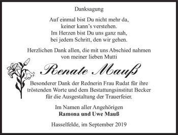 Traueranzeige von Renate Mauß  von Magdeburger Volksstimme