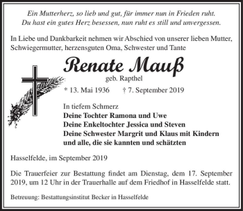 Traueranzeige von Renate Mauß (geb. Rapthel)  von Magdeburger Volksstimme