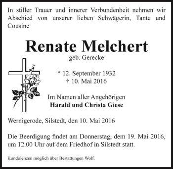 Traueranzeige von Renate Melchert (geb. Gerecke)  von Magdeburger Volksstimme