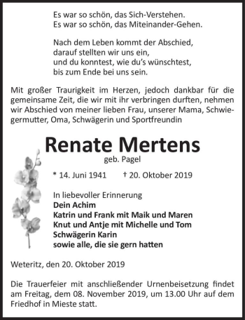 Traueranzeige von Renate Mertens (geb. Pagel)  von Magdeburger Volksstimme