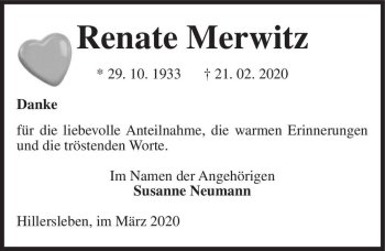 Traueranzeige von Renate Merwitz  von Magdeburger Volksstimme