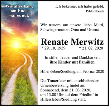 Traueranzeige von Renate Merwitz  von Magdeburger Volksstimme