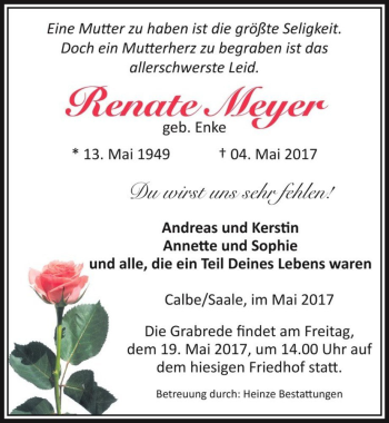 Traueranzeige von Renate Meyer (geb. Enke)  von Magdeburger Volksstimme