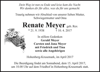 Traueranzeige von Renate Meyer (geb. Rex)  von Magdeburger Volksstimme