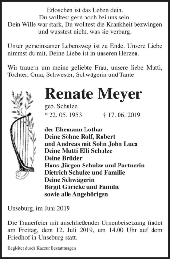 Traueranzeige von Renate Meyer (geb. Schulze)  von Magdeburger Volksstimme