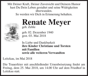 Traueranzeige von Renate Meyer (geb. Zehle)  von Magdeburger Volksstimme