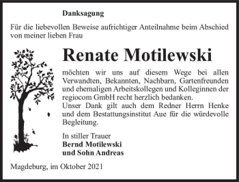 Traueranzeige von Renate Motilewski  von Magdeburger Volksstimme