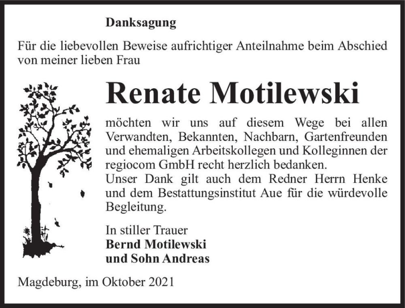  Traueranzeige für Renate Motilewski  vom 09.10.2021 aus Magdeburger Volksstimme