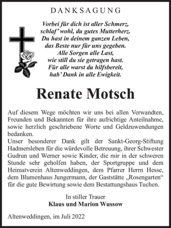Traueranzeige von Renate Motsch  von Magdeburger Volksstimme