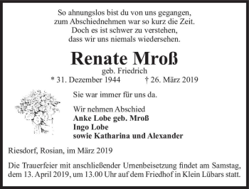 Traueranzeige von Renate Mroß (geb. Friedrich)  von Magdeburger Volksstimme