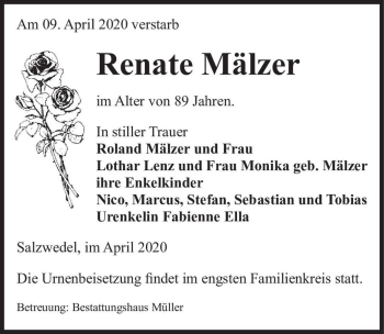 Traueranzeige von Renate Mälzer  von Magdeburger Volksstimme