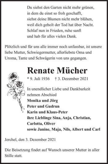 Traueranzeige von Renate Mücher  von Magdeburger Volksstimme