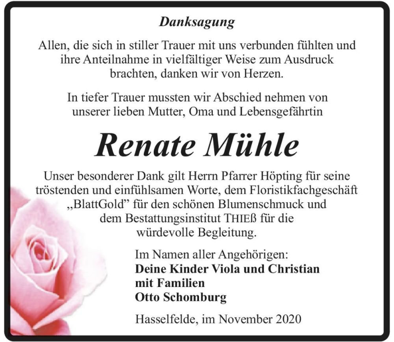  Traueranzeige für Renate Mühle  vom 07.11.2020 aus Magdeburger Volksstimme