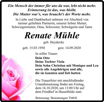Traueranzeige von Renate Mühle (geb. Heydecke)  von Magdeburger Volksstimme