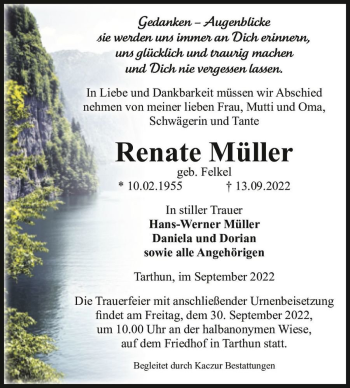 Traueranzeige von Renate Müller (geb. Felkel)  von Magdeburger Volksstimme