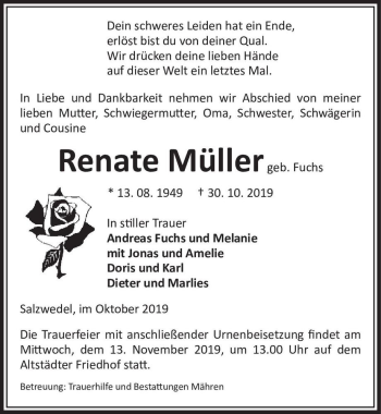 Traueranzeige von Renate Müller (geb. Fuchs)  von Magdeburger Volksstimme