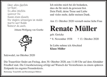 Traueranzeige von Renate Müller (geb. Gericke)  von Magdeburger Volksstimme