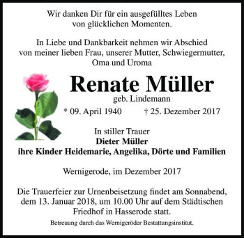 Traueranzeige von Renate Müller (geb. Lindemann)  von Magdeburger Volksstimme