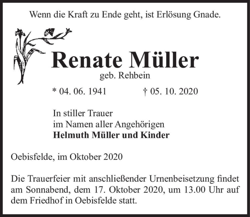  Traueranzeige für Renate Müller (geb. Rehbein)  vom 08.10.2020 aus Magdeburger Volksstimme