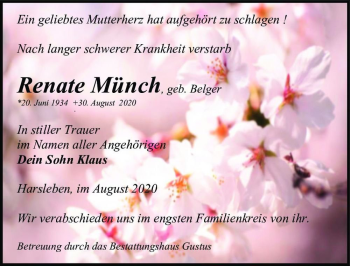 Traueranzeige von Renate Münch (geb. Belger)  von Magdeburger Volksstimme