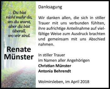 Traueranzeige von Renate Münster  von Magdeburger Volksstimme