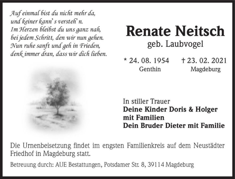  Traueranzeige für Renate Neitsch (geb. Laubvogel)  vom 06.03.2021 aus Magdeburger Volksstimme