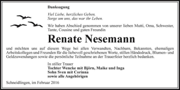 Traueranzeige von Renate Nesemann  von Magdeburger Volksstimme