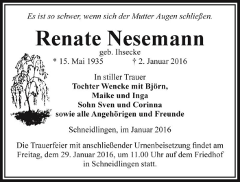 Traueranzeige von Renate Nesemann (geb. Ihsecke)  von Magdeburger Volksstimme