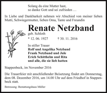 Traueranzeige von Renate Netzband (geb. Schloth)  von Magdeburger Volksstimme