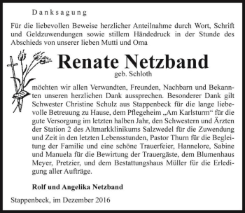 Traueranzeige von Renate Netzband (geb. Schloth)  von Magdeburger Volksstimme