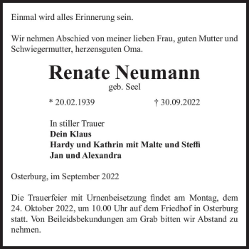 Traueranzeige von Renate Neumann  von Magdeburger Volksstimme