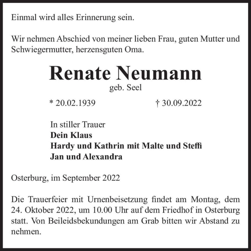  Traueranzeige für Renate Neumann  vom 15.10.2022 aus Magdeburger Volksstimme